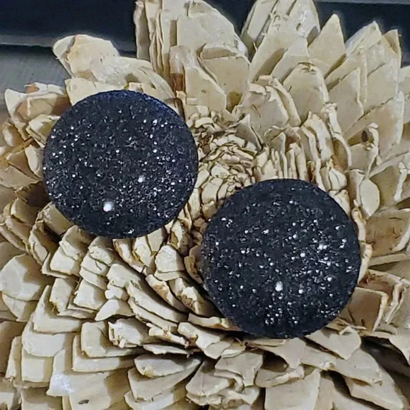 Retro 80s Club Glam Disco Sparkly Jet Black Fabric Button Earrings - Picture 5 of 8